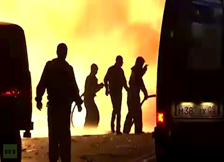 Firefighters at the twin blast scene in Makhachkala